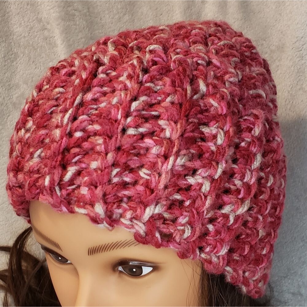 Crochet Beanie Hat, Ribbed, Chunky, New, Handmade, Unisex, Red pink cream